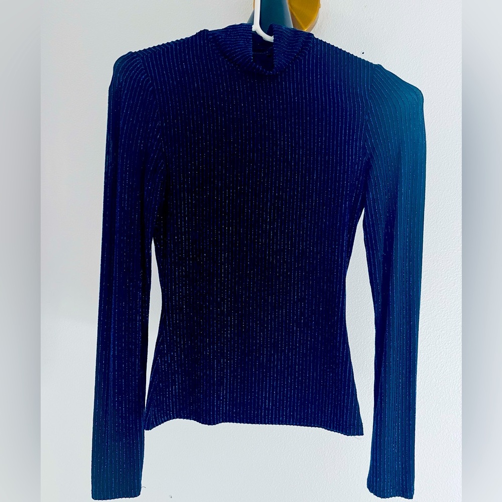 Xxs BCBG MaxAzria black top with sparkle vertical stripes in blue